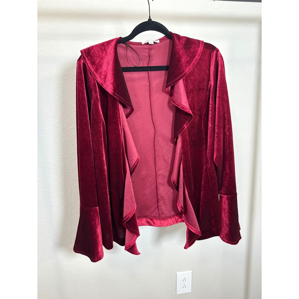 Notations Y2K Burgundy Velvet Ruffle Front Bell Sleeve‎ Open Cardigan Jacket M - Picture 4 of 9